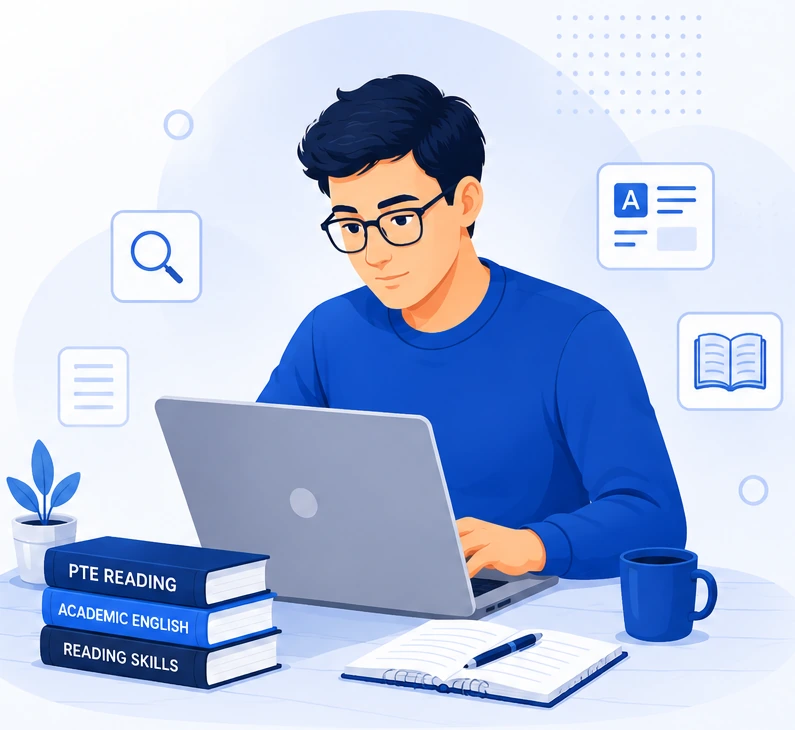 Student reading PTE practice material on a laptop for the PTE Reading Module