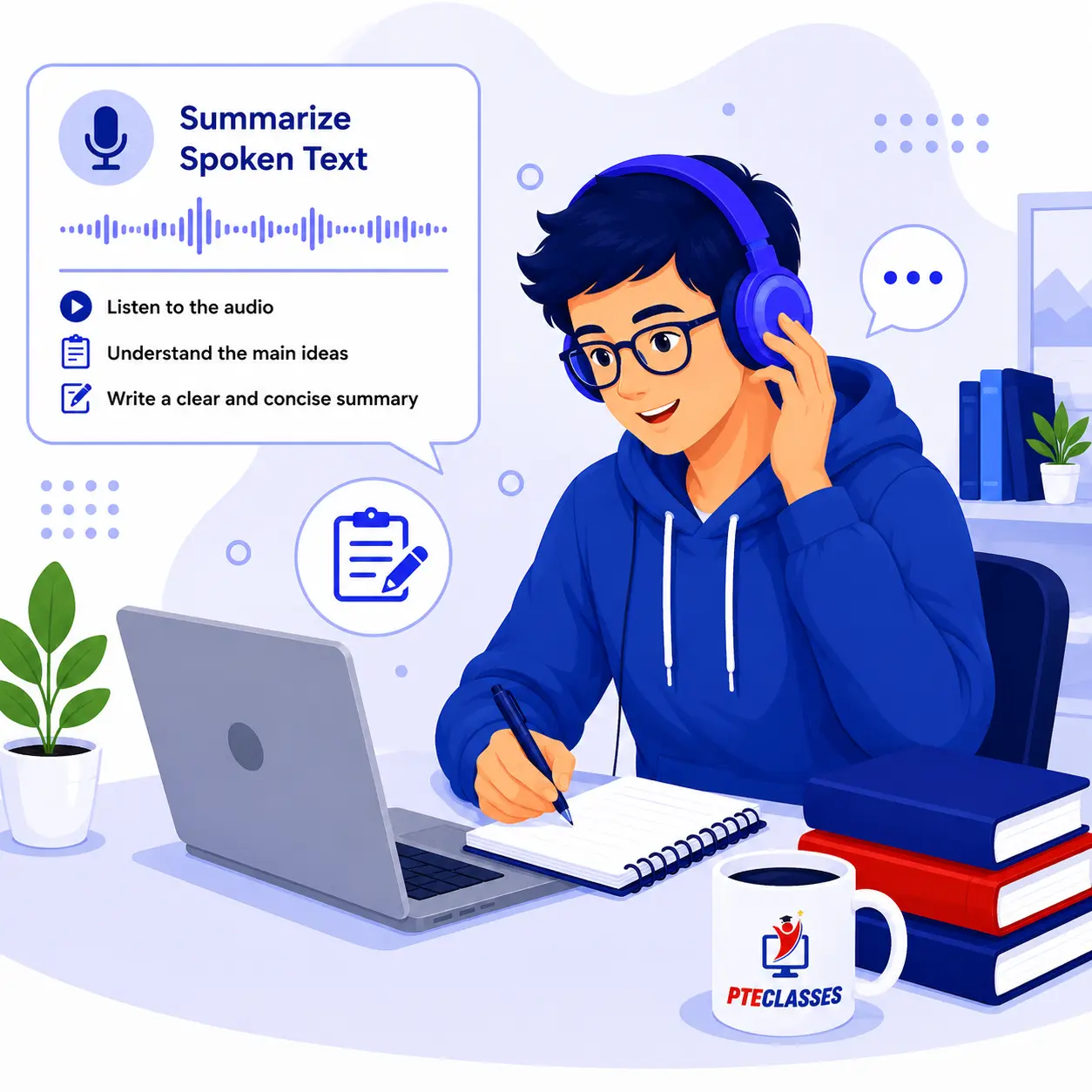 Summarize Spoken Text listening and writing practice illustration